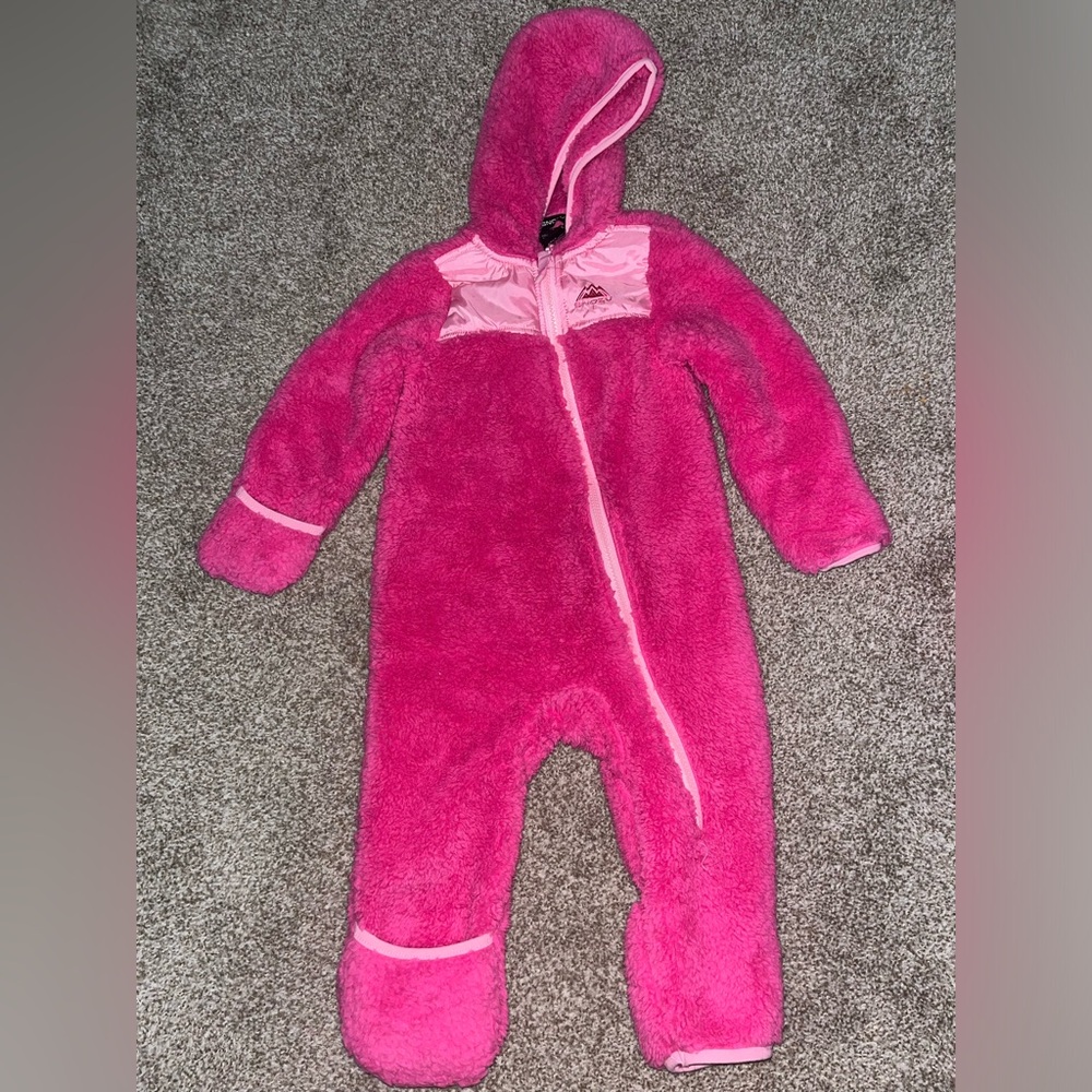 Hooded Pink fleece snowsuit with convertible foot and hand openings- Size 18 mon